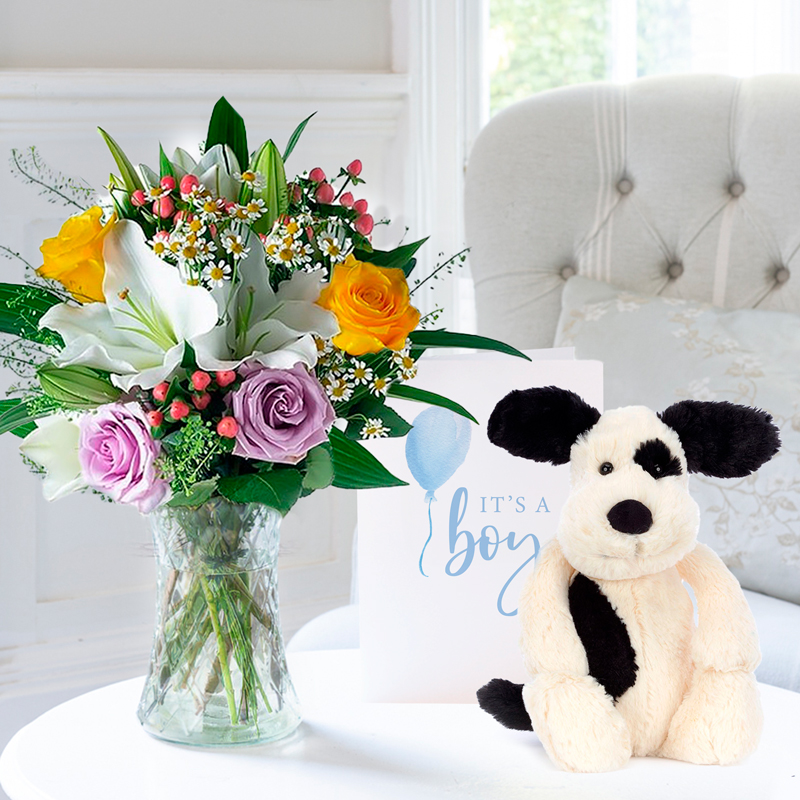 New Baby Flower Gift Set - Glaze, Jellycat Bashful & Puppy & Baby Boy Card - Black - Roses - Next Day Flower & Gift Delivery UK - Appleyard London