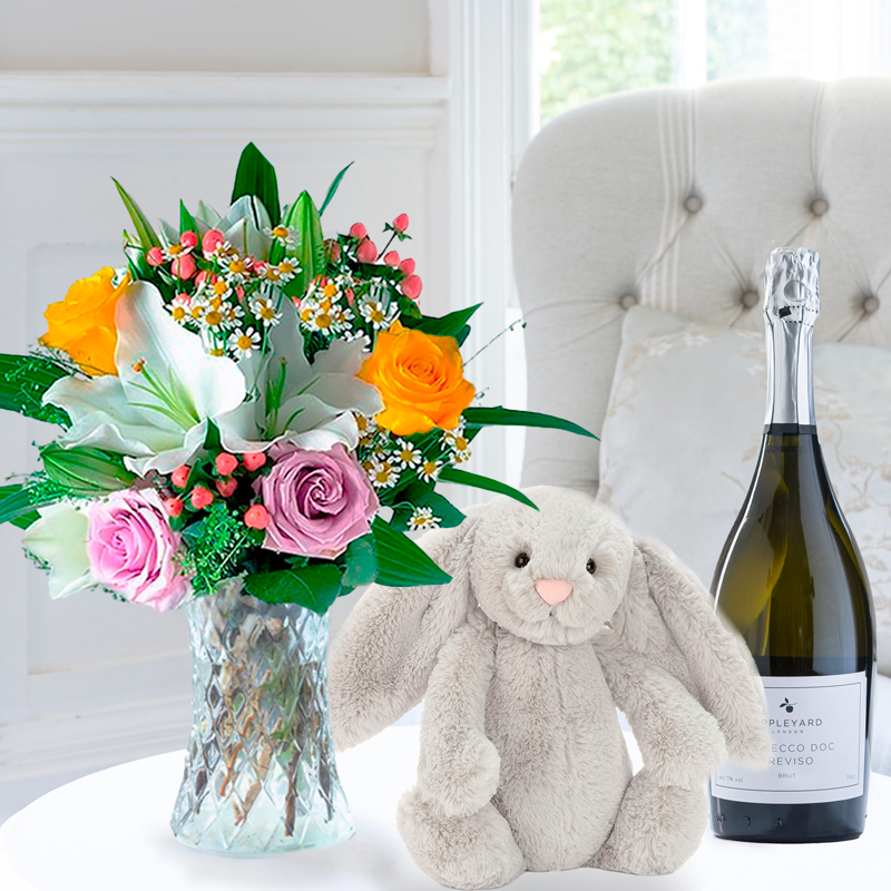 Flower Gift Set - Glaze, Jellycat Bunny & Prosecco - Silver - Chrysanthemum & Hypericum Berry - Next Day Flower & Gift Delivery UK - Appleyard