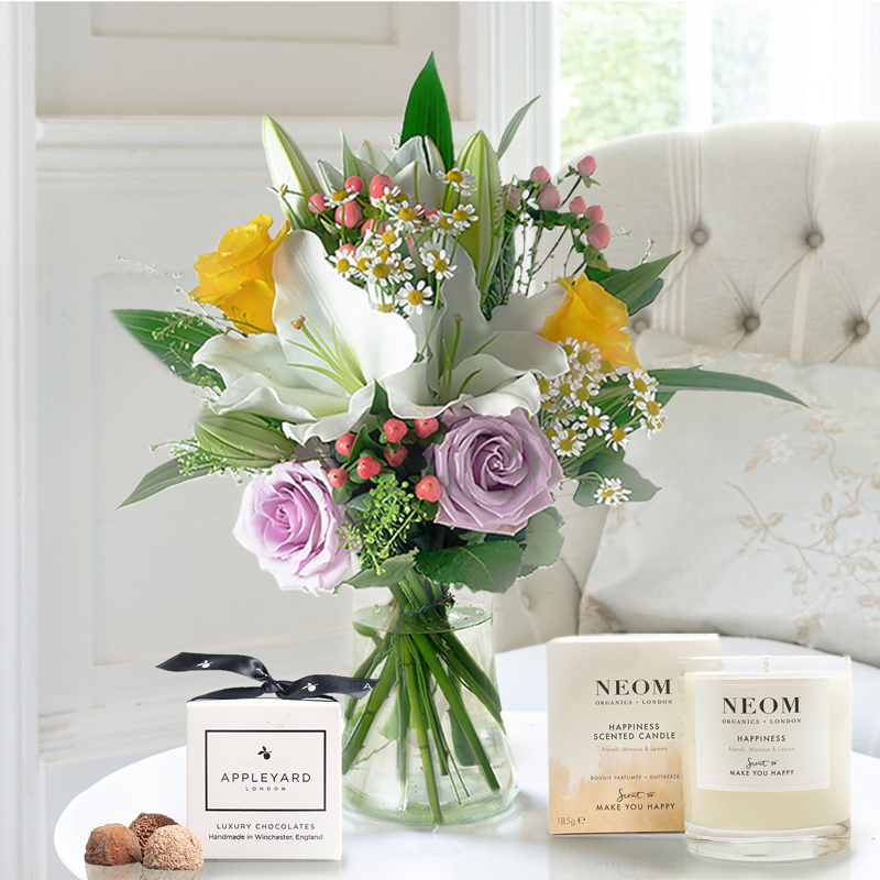 Flower Gift Set - Glaze, NEOM Candle & 6 Mixed Truffles - Luxury Hand - Tied Bouquets & Gifts - White - Hypericum Berry & Oriental Lilies - Next Day