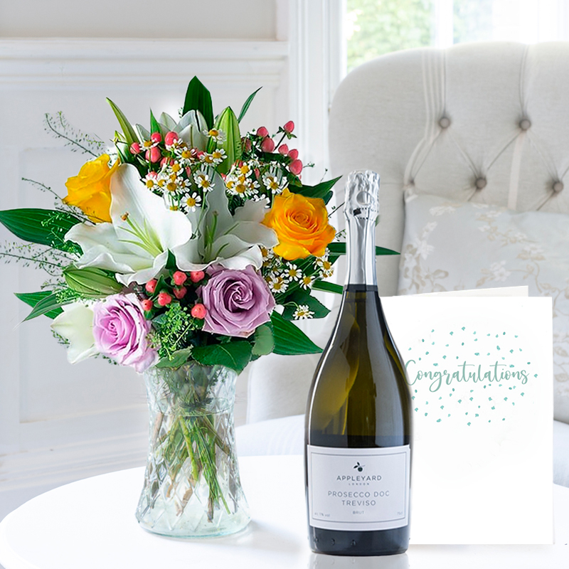 Flower Gift Set Congratulations - Glaze, Prosecco & Card - White - Lilies & Roses - Next Day Flower & Gift Delivery UK - Appleyard London