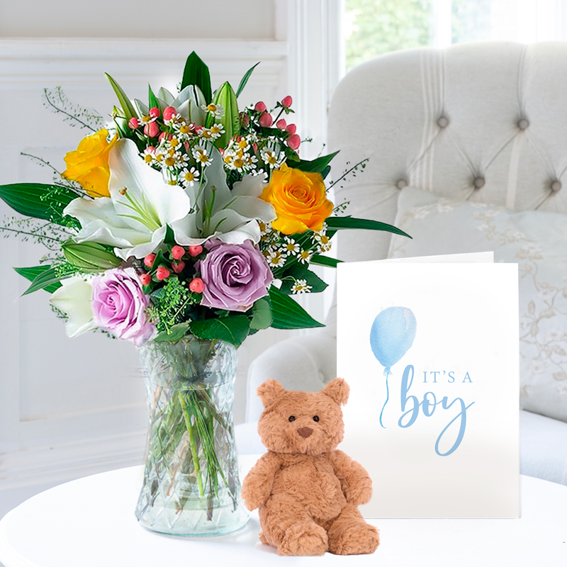 Flowers & Jellycat Glaze, Small Bartholomew Bear, Vase & New Baby Boy Card - White - Next Day Flower & Gift Delivery UK - Appleyard London