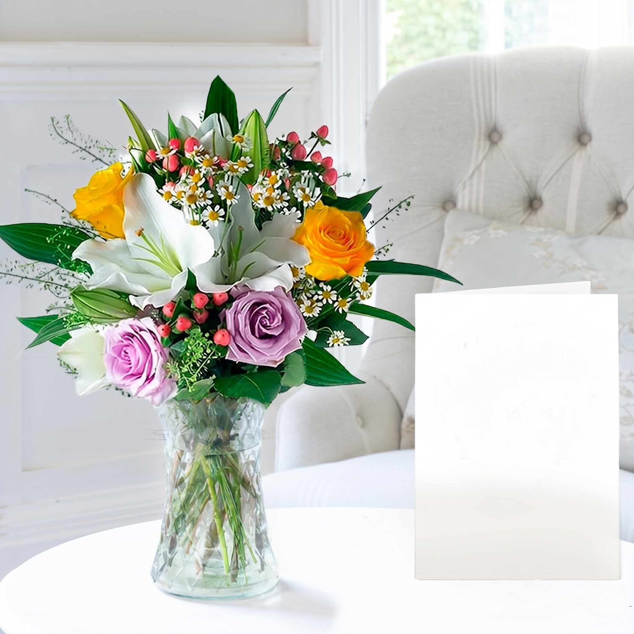 Flowers & Vase Glaze, Vase & Card - Seasonal Flowers - White - - Next Day Flower & Gift Delivery UK - Appleyard London