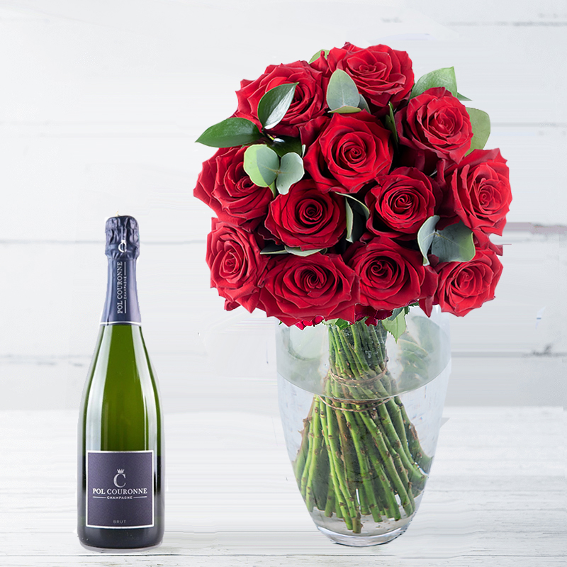 A Dozen Grandeur Red Roses & Pol Couronne Champagne