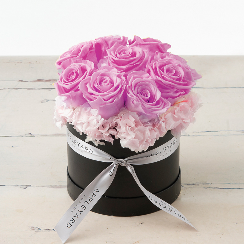 Lilac Rose & Hydrangea Hatbox - Preserved Roses & Hydrangeas - Flower Bouquet - Next Day Flower Delivery UK - Appleyard London
