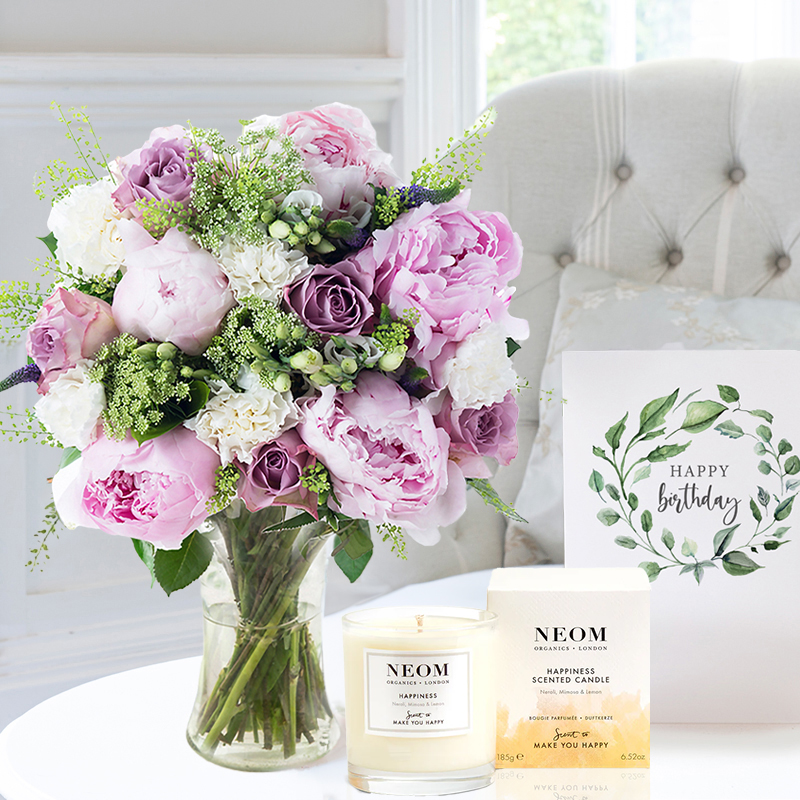 Birthday Flower Gift Set - Lilac Rose & Pink Peony, NEOM Happiness Candle & Birthday Card - Peonies - Next Day Flower & Gift Delivery UK - Appleyard