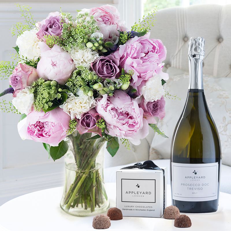 Flower Gift Set - Lilac Rose & Pink Peony, Prosecco & 6 Truffles - Peonies - Next Day Flower & Gift Delivery UK - Appleyard London