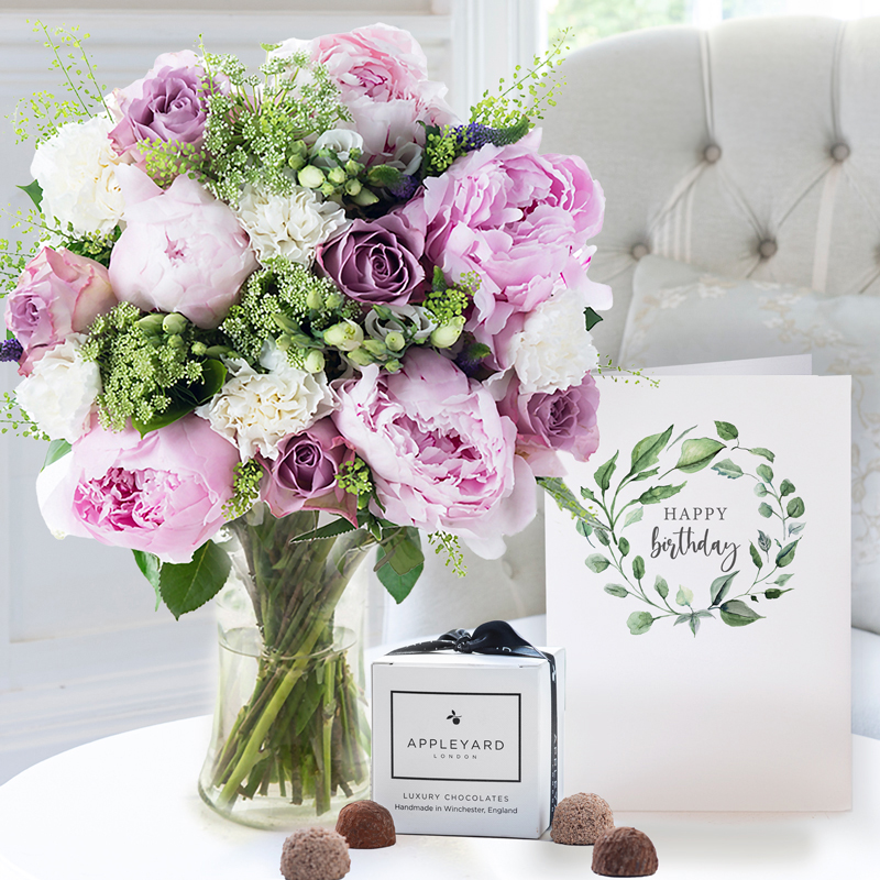 Birthday Flower Gift Set - Pink Peonies, Lilac Roses & White Lisianthus - Pink Peonies, Rosé Wine & Chocolates Gift Set - Next Day Flower & Gift