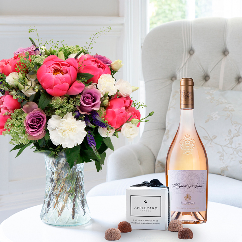 Lilac Rose & Peony, Whispering Angel & 6 Chocolate Truffles | Pink Peonies, Rosé Wine & Chocolates Gift Set | Next Day Delivery - Appleyard London