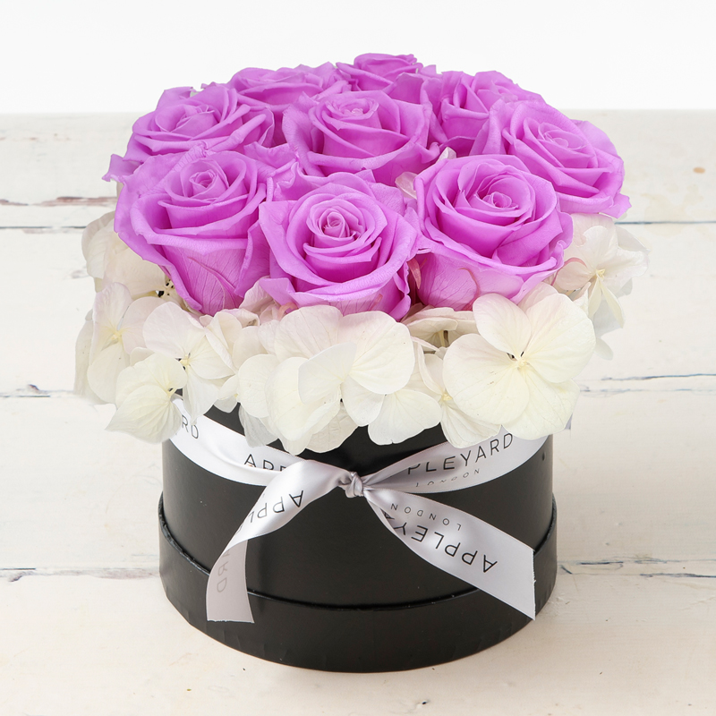 Preserved Lilac Preserved Roses & White Hydrangea - Lasts A Year - Enchanted Rose Hatbox - Forever Preserved Roses - Flower Bouquet - Next Day Flower
