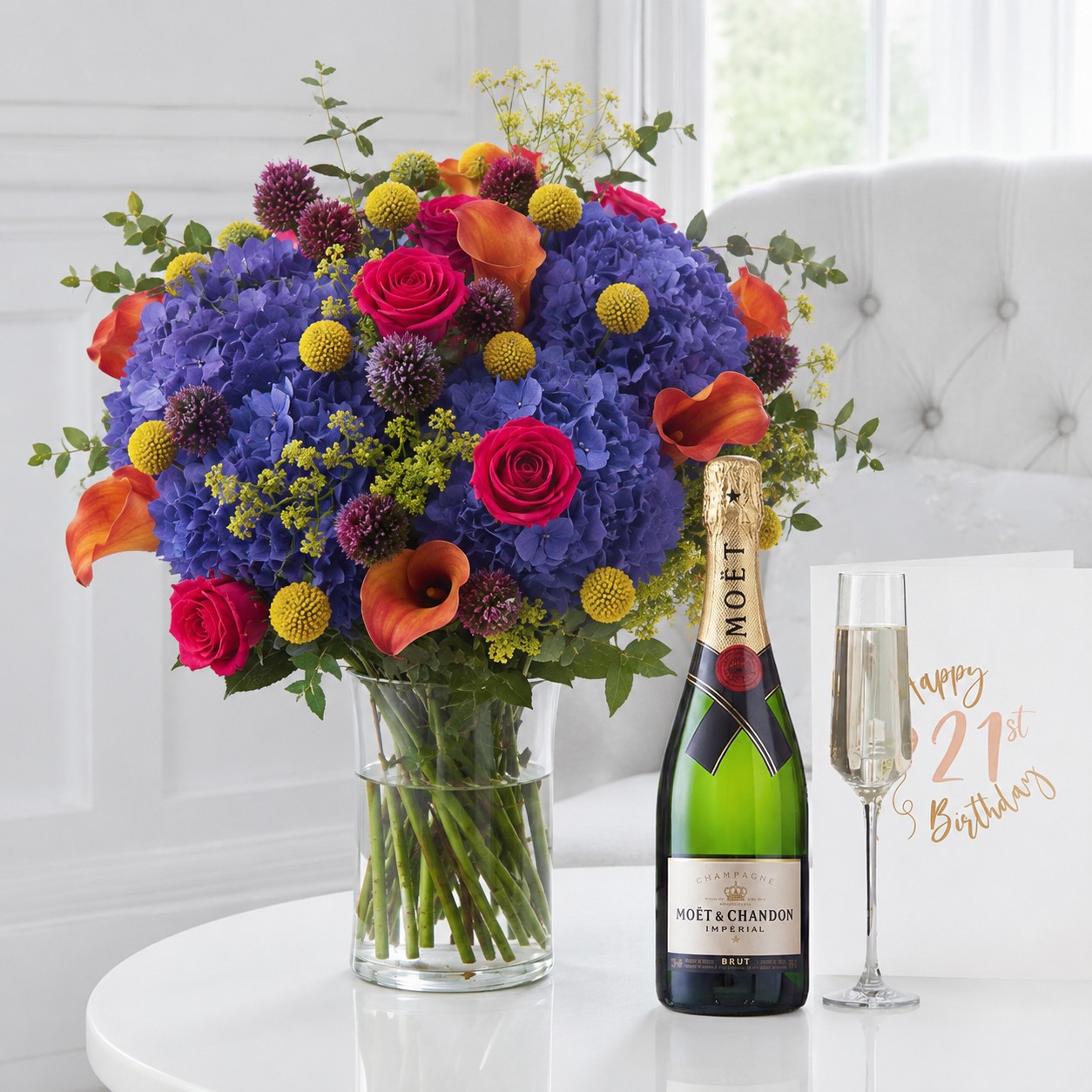 21st Birthday Gift Flower Gift Set 21st Birthday Gift - Hydrangea & Lilies with Moët & Chandon Champagne - Next Day Flower & Gift Delivery UK -