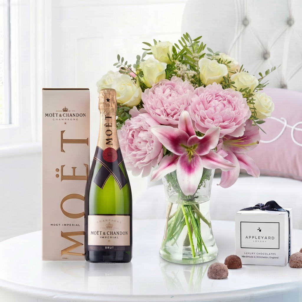 Flower Gift Set - Pink Peony, Rose & Lily, Moët & Chandon & 6 Mixed Truffles - Pink - Peonies - Next Day Flower & Gift Delivery UK - Appleyard London