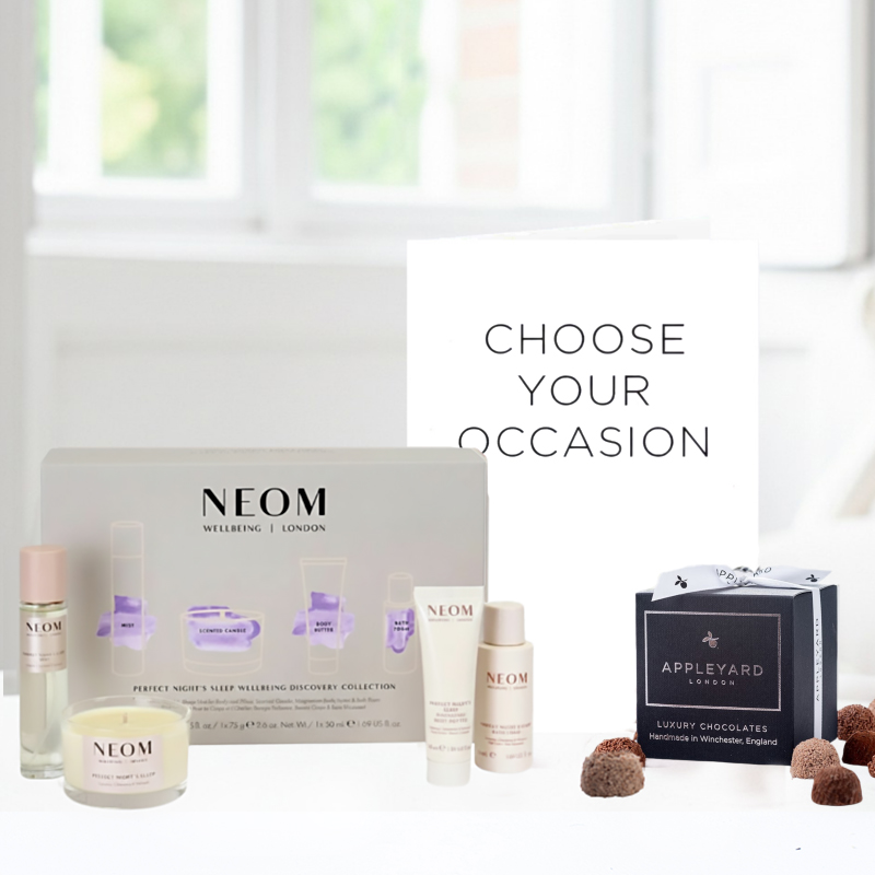 NEOM Perfect Nights Wellbeing Discovery Collection, 12 Mixed Truffles & Occasion Card - Hamper - Next Day Hamper Gift Delivery UK - Appleyard London