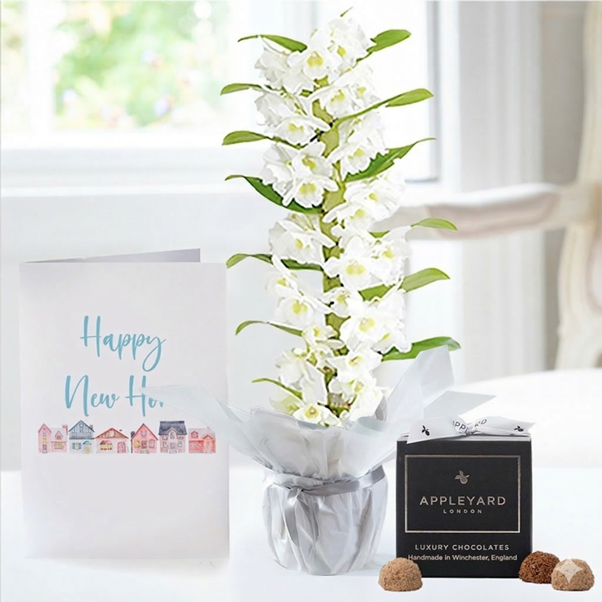 White Scented Dendrobium Orchid, Truffles & New Home Card - Housewarming Plant Gifts - Plant Gift Set - Next Day Plant & Gift Delivery UK