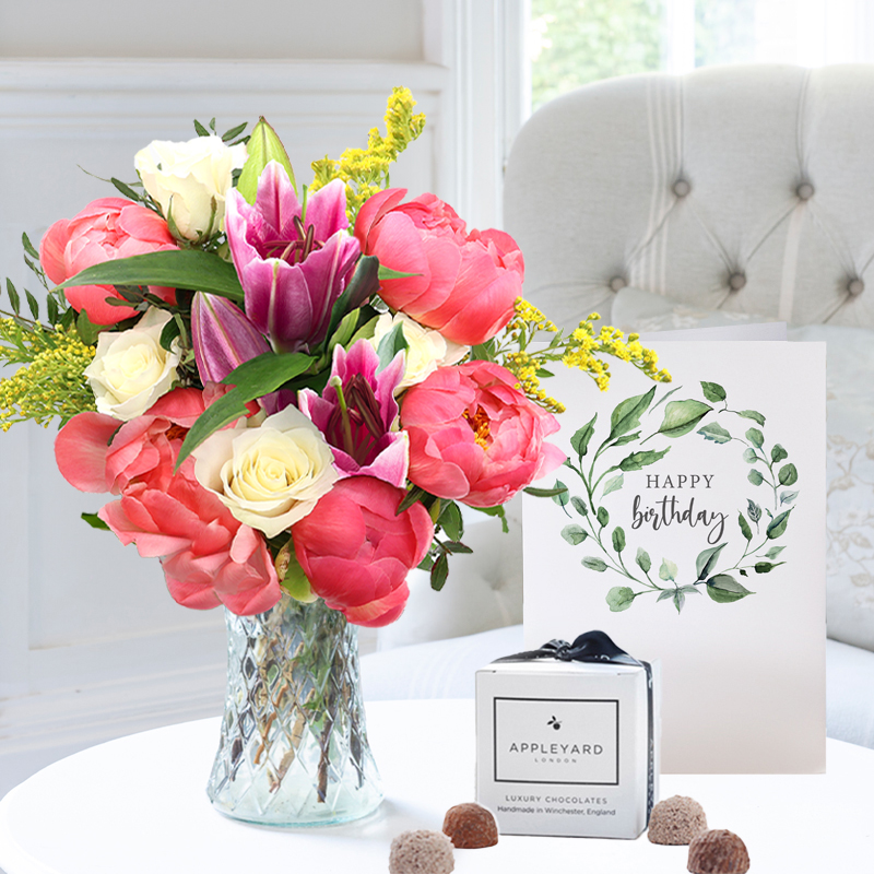 Birthday Coral Peonies, White Roses & Pink Lilies - Pink Peonies Gift Set - Flowers, Vase & Chocolates - Next Day Delivery - Birthday Gift - Next