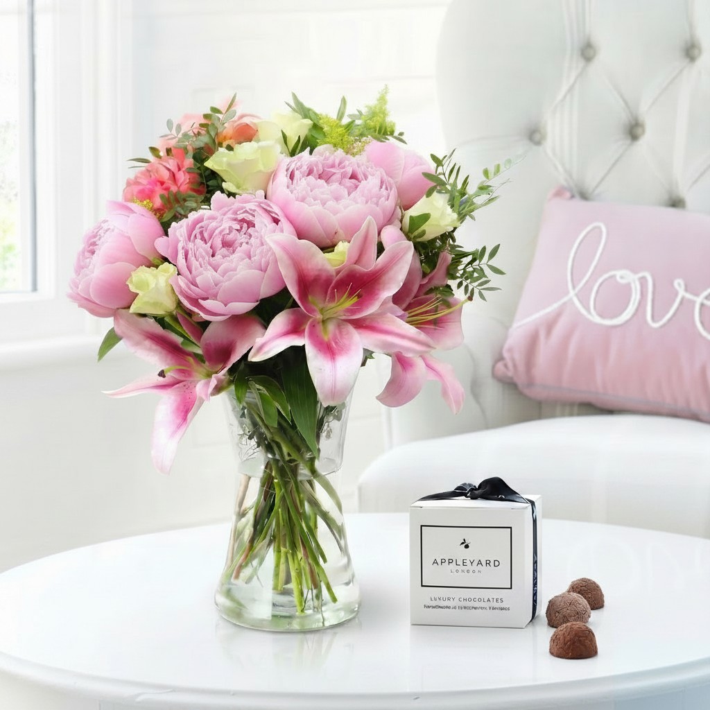 Flowers & Vase Pink Peony, Rose & Lily, Vase & 6 Chocolate Truffles - Pink Peonies Gift Set - Flowers, Vase & Chocolates - Next Day Flower & Gift