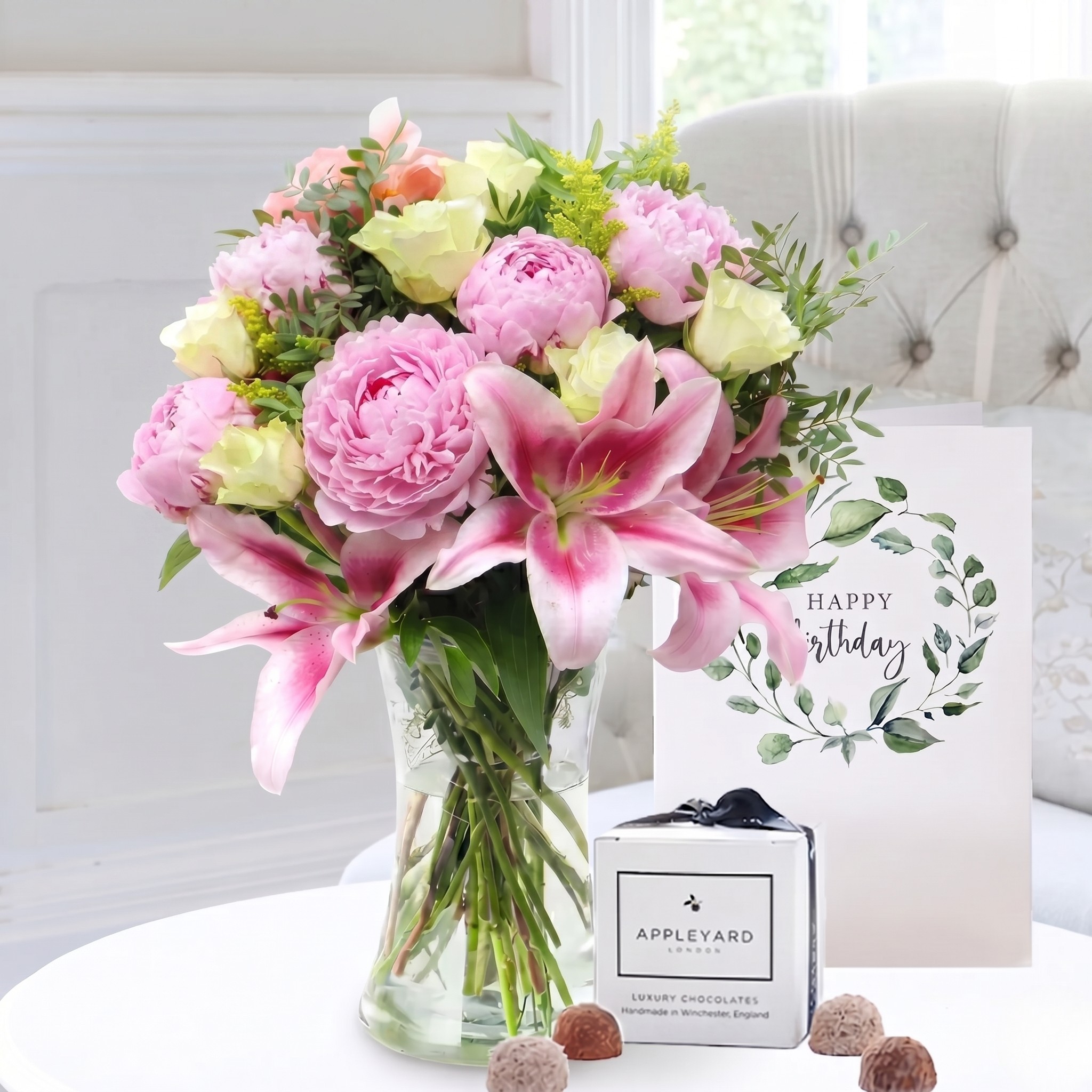 Birthday Flower Gift Set - Pink Peony, Rose & Lily, Appleyard 6 Mixed Truffles & Birthday Card - Pink - Peonies - Next Day Flower & Gift Delivery UK -