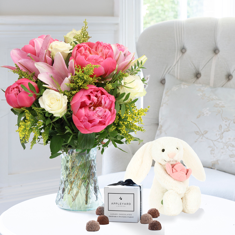 Peony, Rose | Flowers & Jellycat Peony Bunny & 6 Mixed Truffles | Flowers & Gifts Delivery UK | Appleyard London