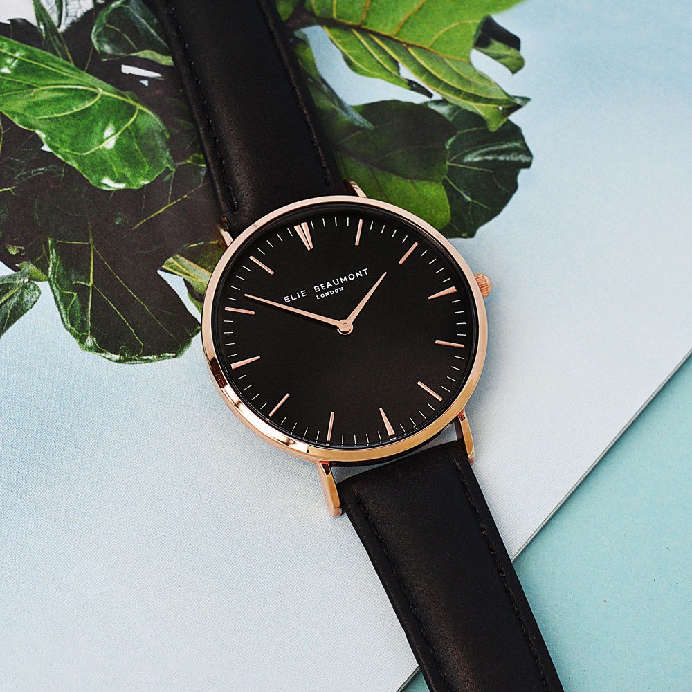 Modern - Vintage Personalised Leather Watch in Black With Black Dial