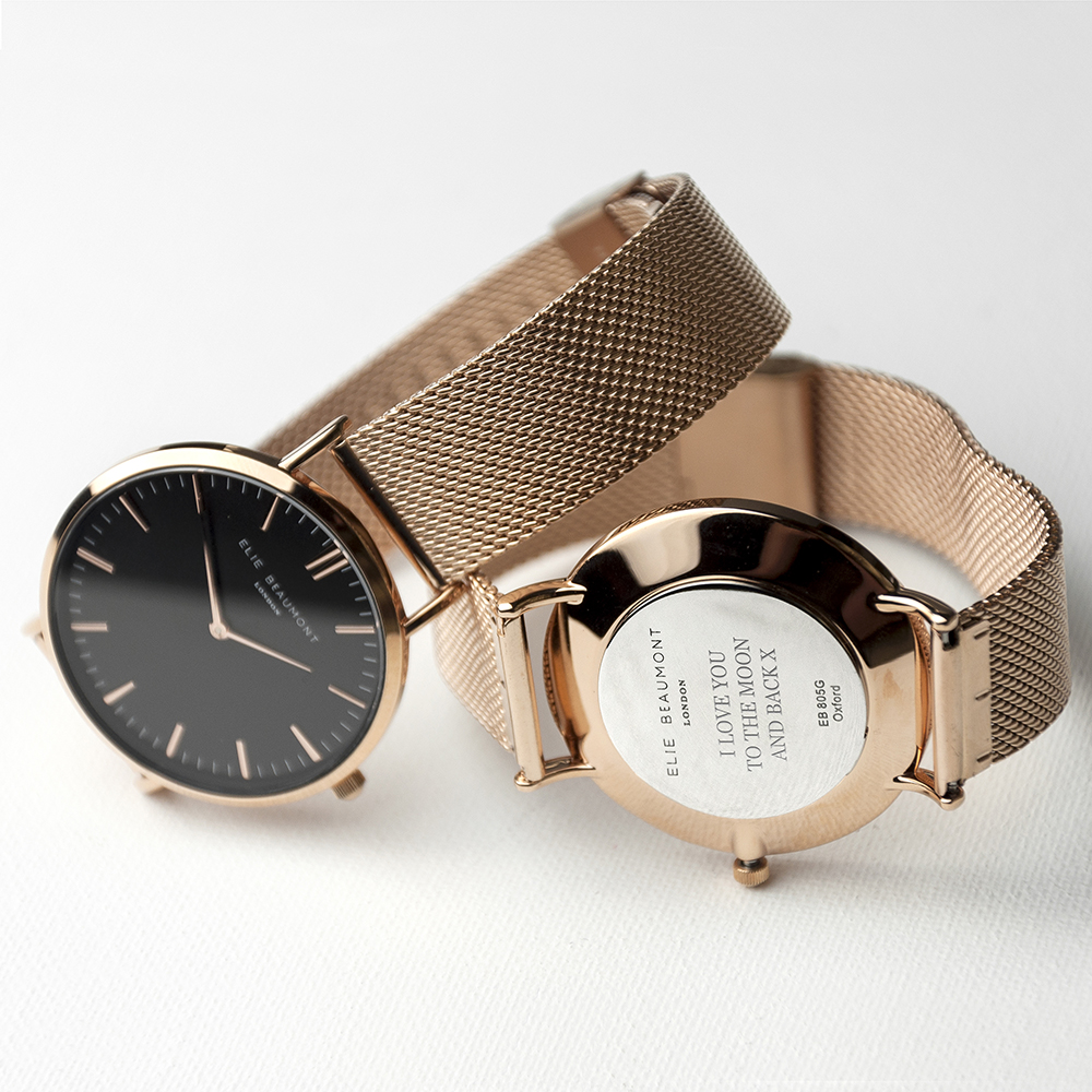 Personalised Rose Gold Mesh Strapped Watch With Black Dial