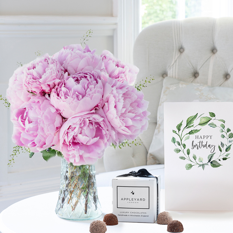 Birthday Flower Gift Set - Peonies, 6 Truffles & Birthday Card - Pink - Peonies - Next Day Flower & Gift Delivery UK - Appleyard London