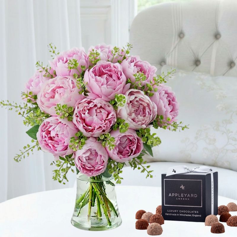 Flowers & Chocolates Pink Peonies & 12 Mixed Truffles - Stunning Gifts by Appleyard - Next Day Flower & Gift Delivery UK - Appleyard London