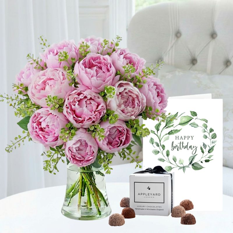 Birthday Flower Gift Set - Peonies, 6 Mixed Truffles & Birthday Card - Stunning Gifts By Appleyard - Coral - Peonies - Next Day Flower & Gift Delivery
