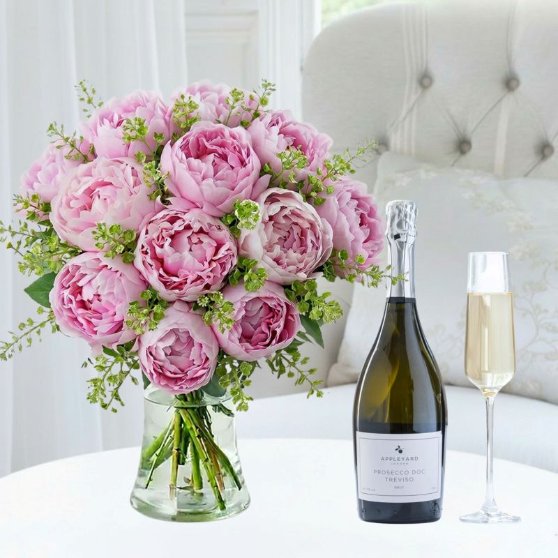 Flower Gift Set - Peonies, & Appleyard Prosecco - Stunning Gifts By Appleyard - Coral - Peonies - Next Day Flower & Gift Delivery UK