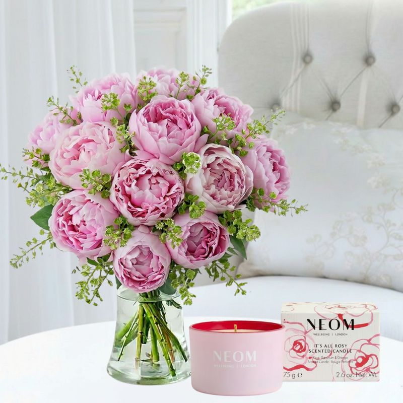 Flower Gift Set Pink Peonies & NEOM It's All Rosy Candle - Stunning Gifts by Appleyard - Next Day Flower & Gift Delivery UK - Appleyard