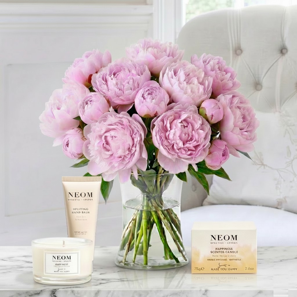 Flower Gift Set - British Pink Peony, NEOM Candle & Hand Balm - Pink - Peonies - Next Day Flower & Gift Delivery UK - Appleyard London