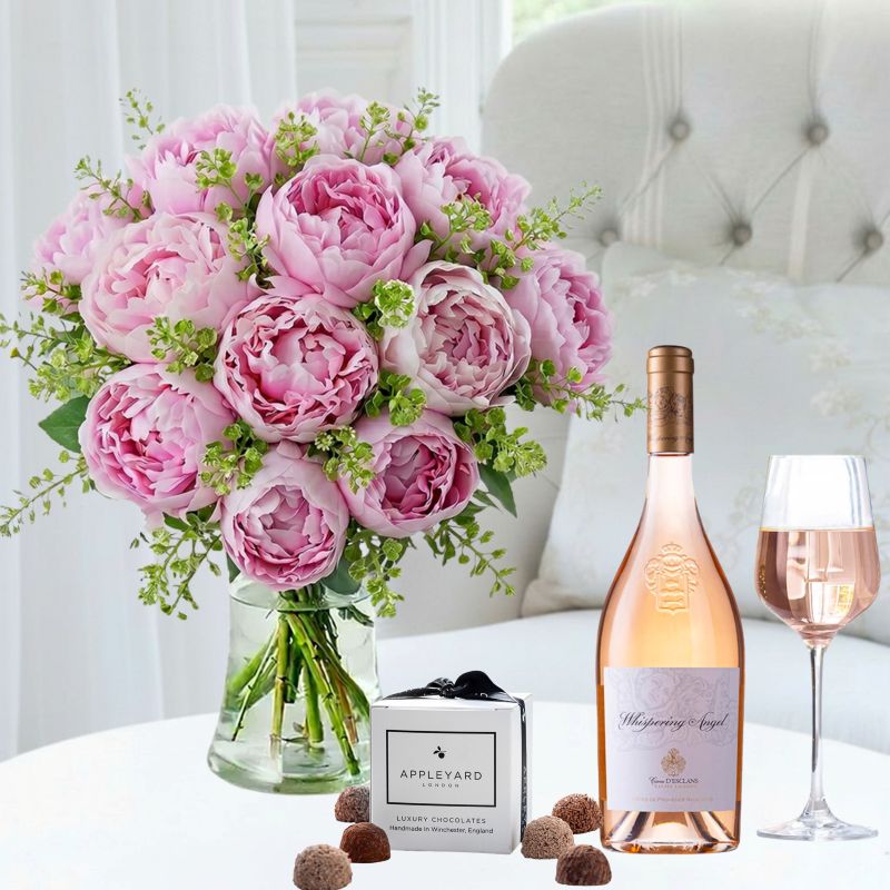 Flower Gift Set Pink Peonies, Whispering Angel & 6 Mixed Truffles - Stunning Gifts by Appleyard - - Next Day Flower & Gift Delivery UK