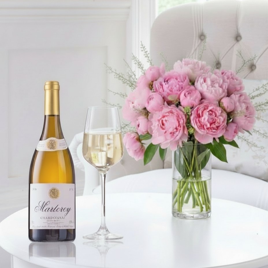 Flower Gift Set - British Pink Peony & Marteray Chardonnay - Pink - Peonies - Next Day Flower & Gift Delivery UK - Appleyard London
