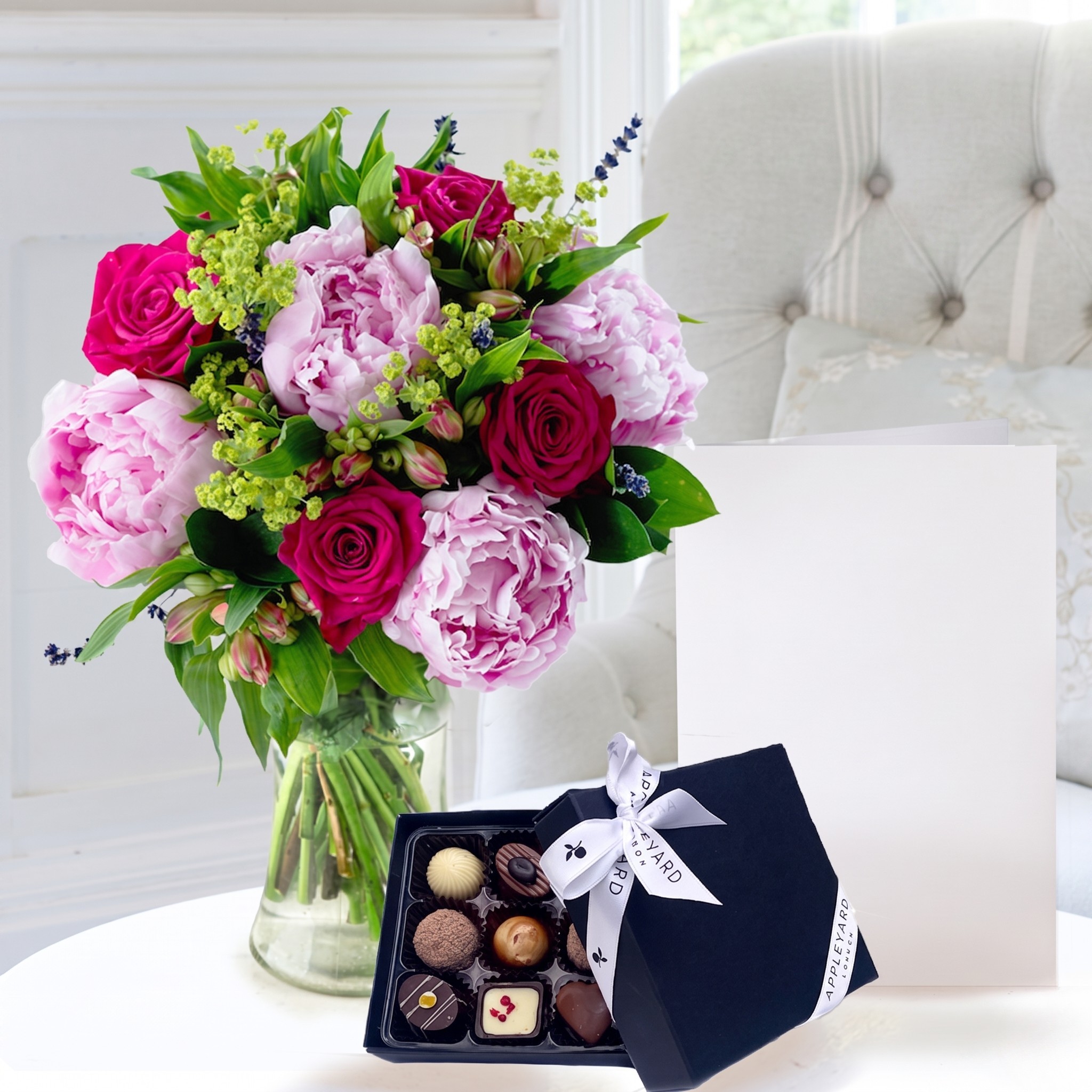 Flowers & Chocolates Pink Peonies, Roses & Alstroemeria - Pink Peonies Gift Set - Flowers, Vase & Chocolates - Next Day Flower & Gift Delivery UK -