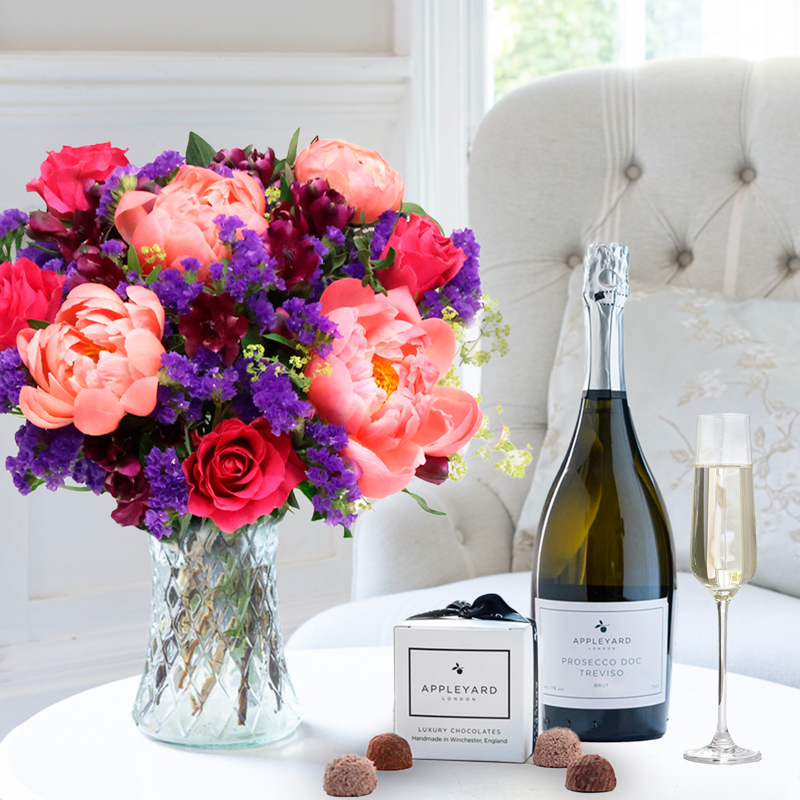 Coral Peonies, Roses & Alstroemeria | Pink Peonies Gift Set | Flowers, Vase & Chocolates | Next Day Delivery - Appleyard London