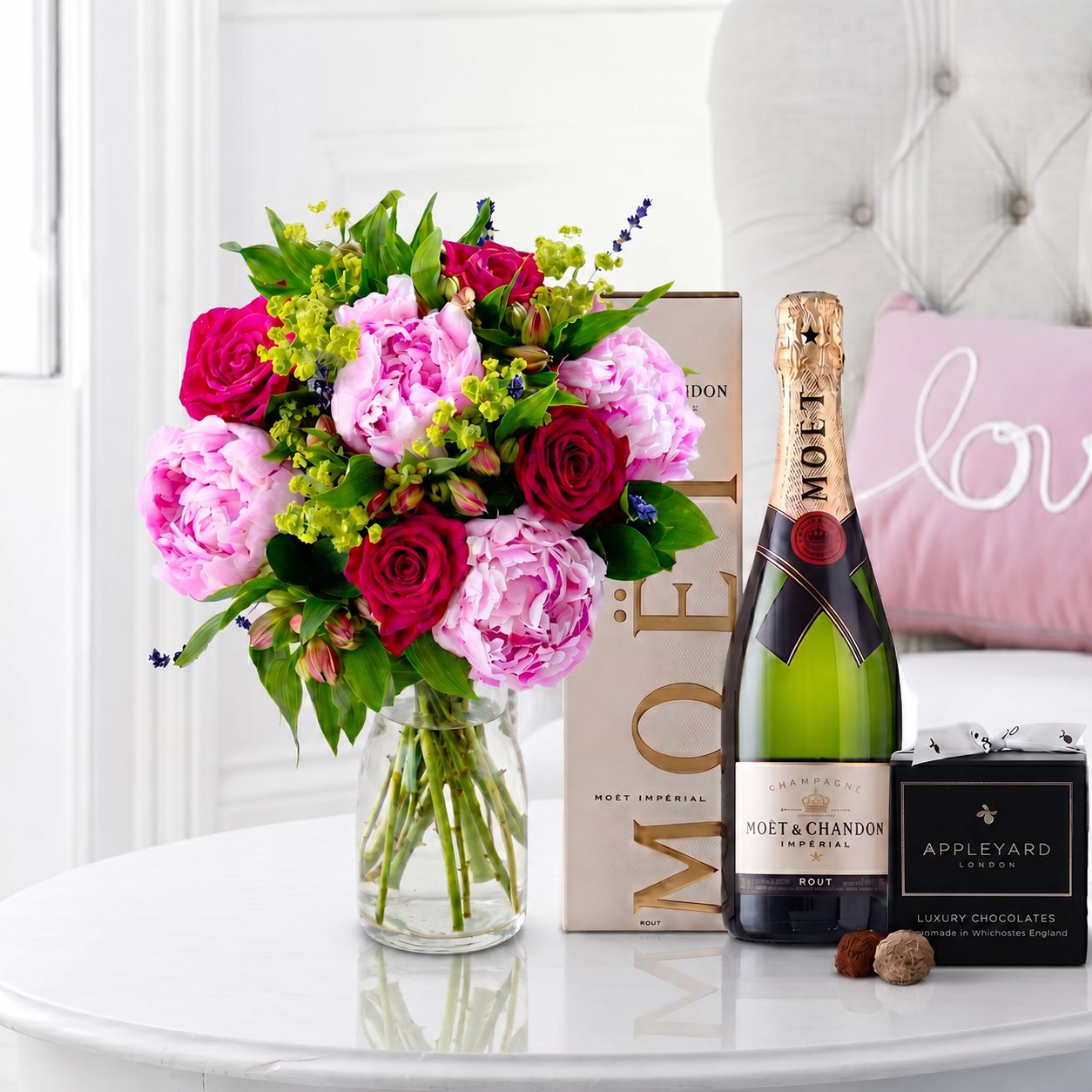 Flower Gift Set Roses & Peonies, Moët & Chandon & 12 Chocolate Truffles - Peonies, Champagne & Chocolates Gift Set - Next Day Flower & Gift Delivery