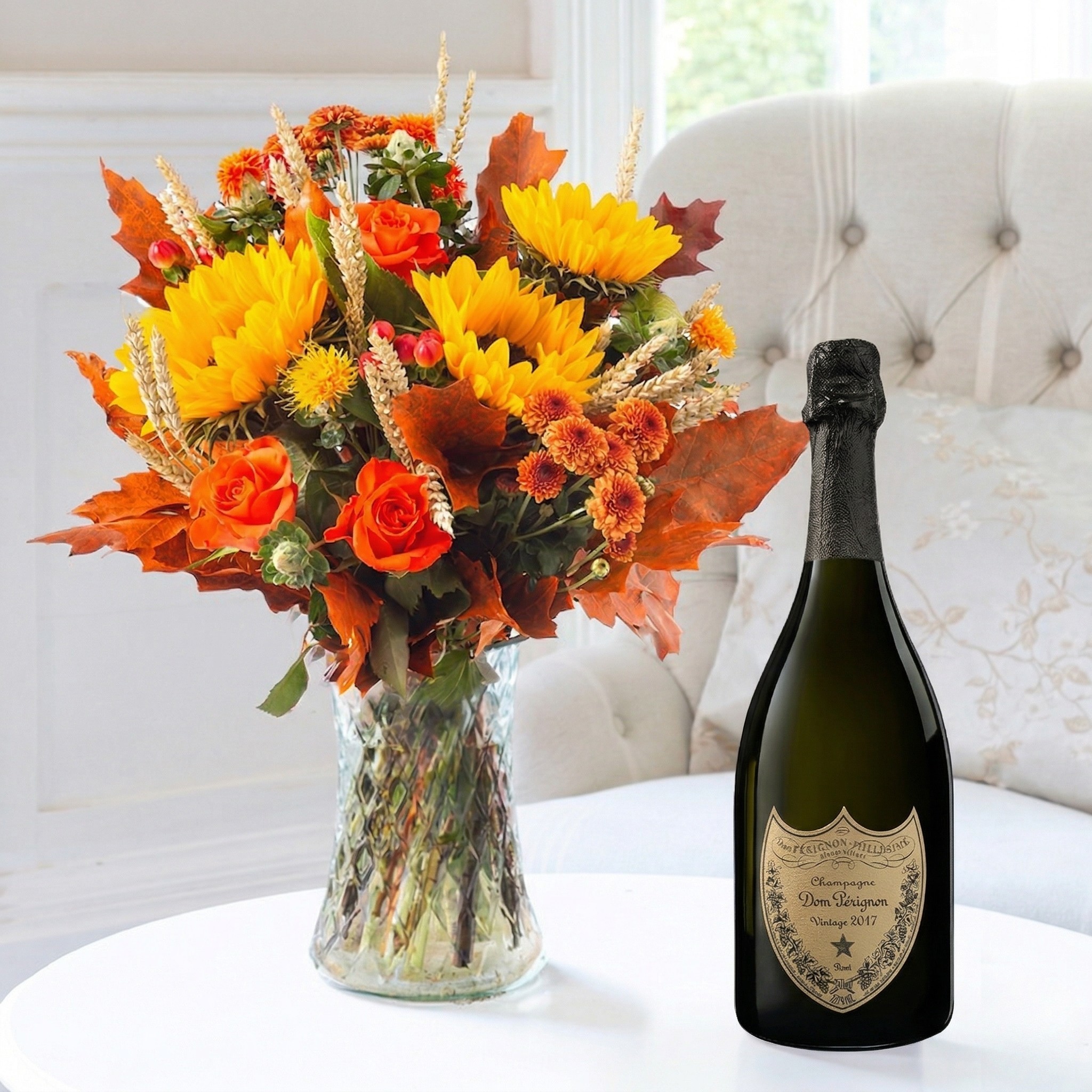 Flower Gift Set Pumpkin Pie & Dom Perignon Champagne - Flowers & Champagne Gift Set - Chrysanthemum & Roses - Next Day Flower & Gift Delivery UK -