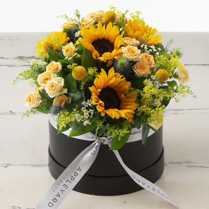 Sunflowers & Yellow Spray Roses | Designed by Luxury Florist | Hatbox Flowers | Radiant Hatbox | Next Day Flower Delivery UK Appleyard London