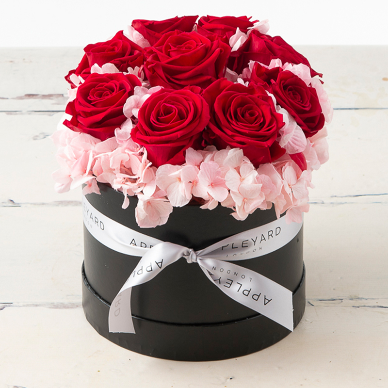 Forever Rose Red & Pink Hatbox - Preserved Red Preserved Roses & Pink Hydrangeas - Lasts A Year - Hatbox Flowers - Flower Bouquet - Next Day Flower