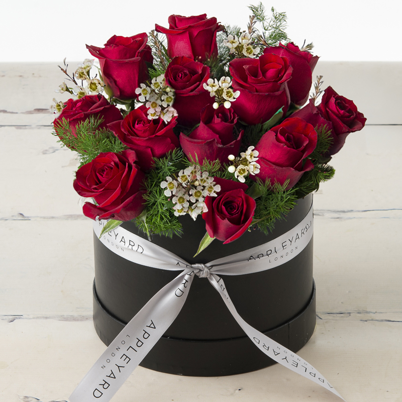 Red Roses & White Waxflowers Hatbox | Designed by Luxury Florist | Hatbox Flowers | Red Rose Hatbox | Next Day Flower Delivery UK Appleyard London