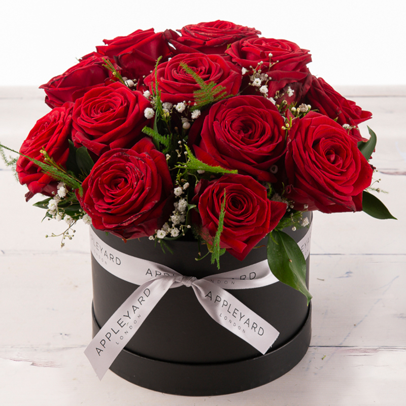 Red Roses & White Waxflowers Hatbox - Designed By Luxury Florist - Hatbox Flowers - Red Rose Hatbox Flower Bouquet - Next Day Flower Delivery UK