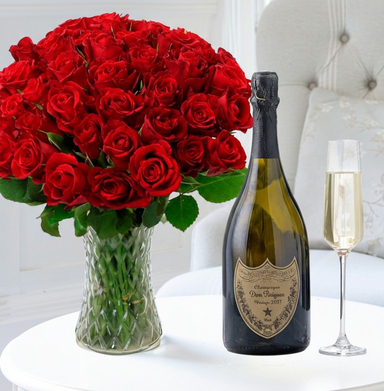 Flower Gift Set - 50 Red Roses & Dom Perignon - Mother's Day Flower & Gift Delivery UK - Appleyard London