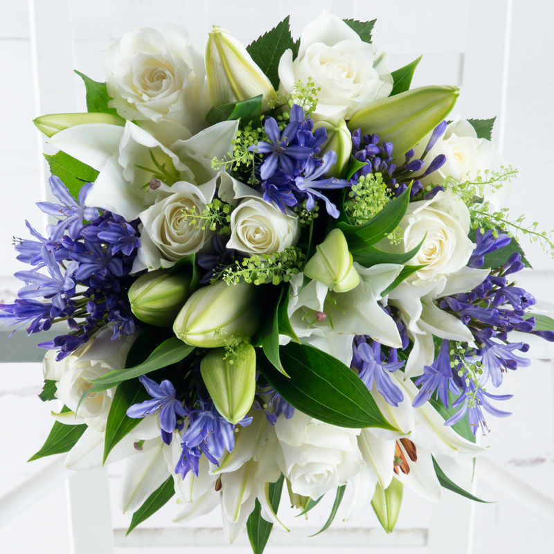 Large Luxury Flower Bouquet - White Lilies, Blue Agapanthus & White Roses - Sapphire Skies Bouquet - White & Blue Flowers - Next Day Flower Delivery