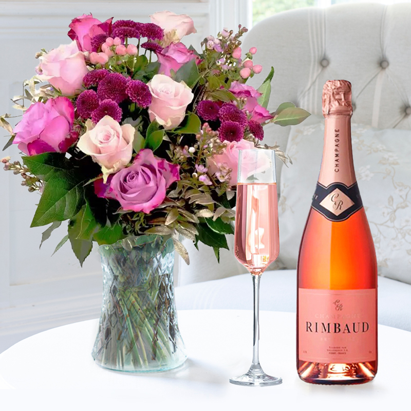Flower Gift Set Pink & Lilac Rose Bouquet, Champagne Rimbaud Brut Rosé - Next Day Flower & Gift Delivery UK - Appleyard London