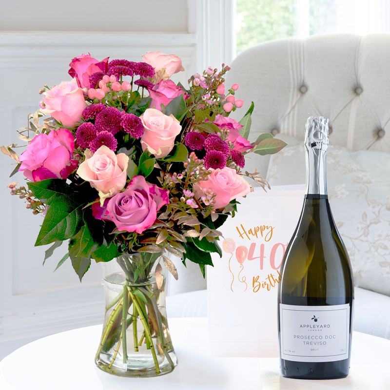 40th Birthday Gift Flower Gift Set Pink & Lilac Rose Bouquet - Appleyard Prosecco & Birthday Card - Next Day Flower & Gift Delivery UK - Appleyard