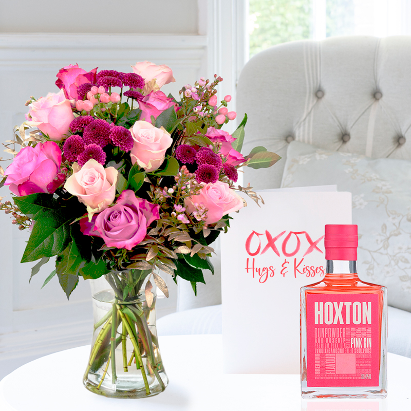 Romance Flower Gift Set - Pink & Lilac Rose Bouquet, Pink Gin & Romance Card - Vintage Roses Bouquet - Next Day Flower & Gift Delivery UK - Appleyard