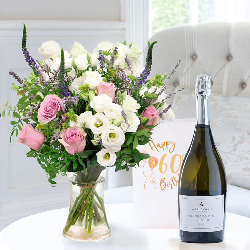 60th Birthday Gift Flower Gift Set - Scented Lavender, Appleyard Prosecco & Birthday Card - Bupleurum & Hard Ruscus - Next Day Flower & Gift Delivery