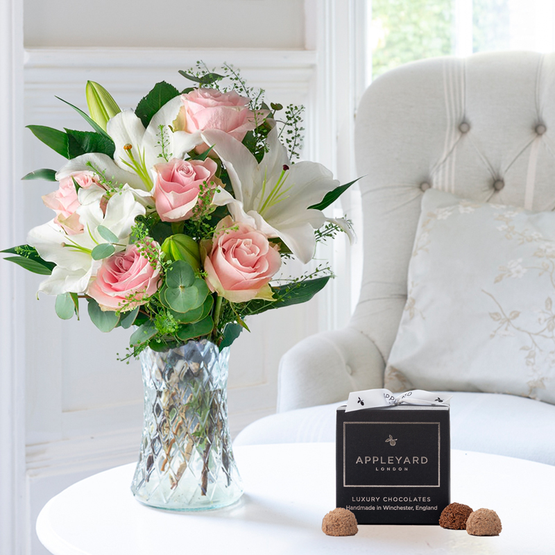 Flowers & Chocolates Simply Pink Rose & Lily & 12 Chocolate Truffles - Flowers & Chocolates Gift Set - Next Day Flower & Gift Delivery UK - Appleyard