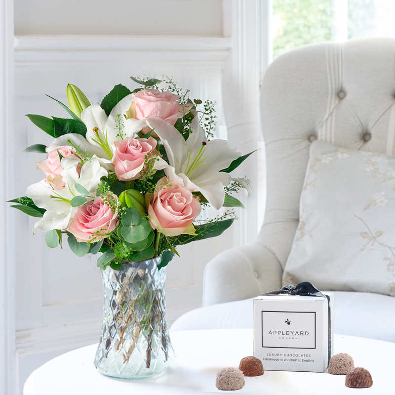 Flowers & Chocolates Simply Pink Rose & Lily & 6 Chocolate Truffles - Flowers & Chocolates Gift Set - Next Day Flower & Gift Delivery UK - Appleyard