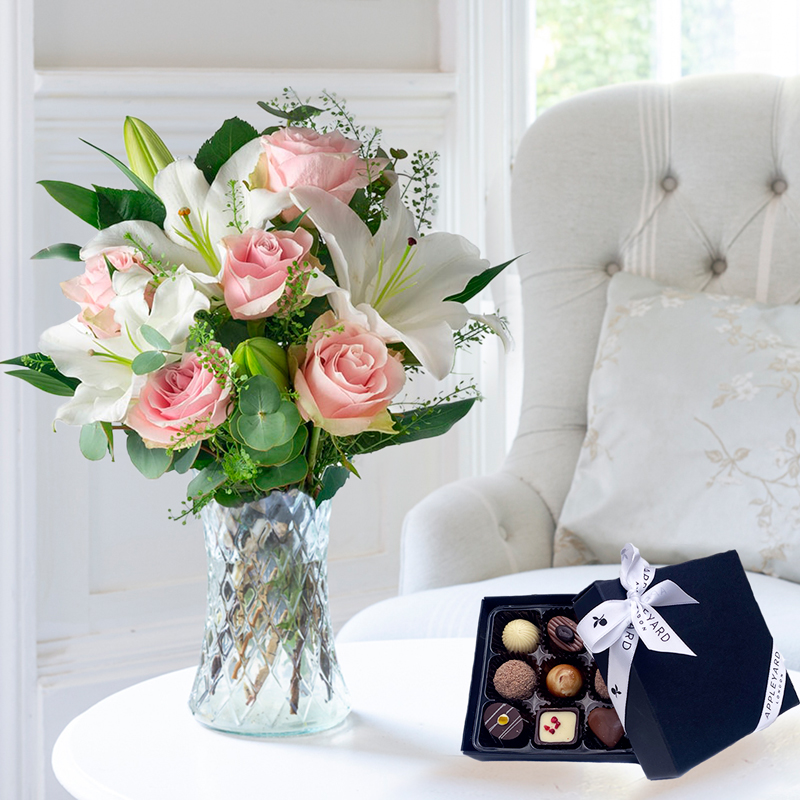 Flowers & Chocolates Simply Pink Rose & Lily & Box of 9 Chocolates - Flowers & Chocolates Gift Set - Next Day Flower & Gift Delivery UK - Appleyard