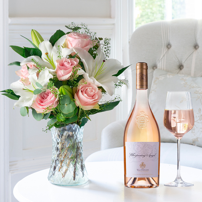 Flower Gift Set Simply Rose & Lily & Whispering Angel Rosé Wine - Flowers & Wine Gift Set - Whispering Angel Gift Set - Pink - Next Day Flower &