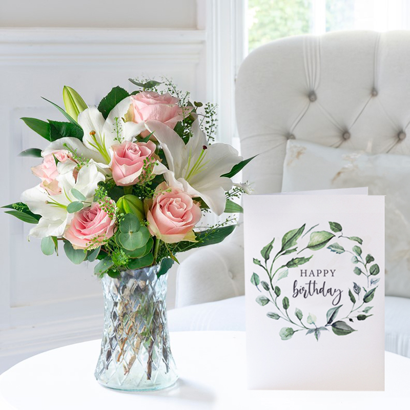Birthday Flower Gift Set Simply Pink Rose & Lily & Birthday Card - Luxury Hand-Tied Flowers - Next Day Flower & Gift Delivery UK - Appleyard London